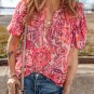 Red Floral Print Ruffled Puff Short Sleeve Blouse