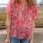 Red Floral Print Ruffled Puff Short Sleeve Blouse