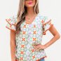 Green Geometric Floral Print Layered Flutter Sleeve V Neck Ric Rac Trim Blouse