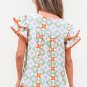 Green Geometric Floral Print Layered Flutter Sleeve V Neck Ric Rac Trim Blouse
