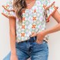Green Geometric Floral Print Layered Flutter Sleeve V Neck Ric Rac Trim Blouse