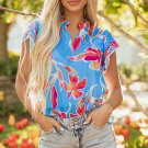 Sky Blue Floral Print V Neck Pompom Trim Flutter Sleeve Blouse