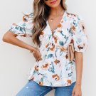 Green Floral Print Puff Sleeve V Neck Babydoll Blouse