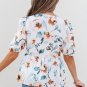 Green Floral Print Puff Sleeve V Neck Babydoll Blouse