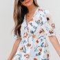 Green Floral Print Puff Sleeve V Neck Babydoll Blouse