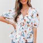 Green Floral Print Puff Sleeve V Neck Babydoll Blouse