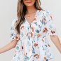 Green Floral Print Puff Sleeve V Neck Babydoll Blouse