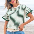 Green Stripe Scallop Lace Trim Ruffle Short Sleeves Crewneck Top