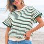Green Stripe Scallop Lace Trim Ruffle Short Sleeves Crewneck Top