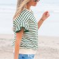 Green Stripe Scallop Lace Trim Ruffle Short Sleeves Crewneck Top