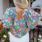 Green Plant Print Loose Fit Puff Sleeve Square Neck Blouse