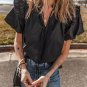 Black Ruffled Puff Short Sleeve Loose Blouse