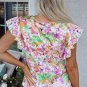 Purple Abstract Printed Ruffled Short Sleeve Notched Neck Blouse