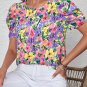 Purple Floral Print Puff Short Sleeve Crew Neck Blouse