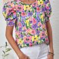 Purple Floral Print Puff Short Sleeve Crew Neck Blouse