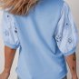 Beau Blue Eyelet Flower Puff Short Sleeve Patchwork Crew Neck Blouse