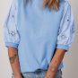 Beau Blue Eyelet Flower Puff Short Sleeve Patchwork Crew Neck Blouse