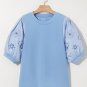 Beau Blue Eyelet Flower Puff Short Sleeve Patchwork Crew Neck Blouse