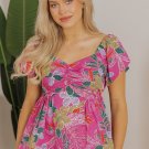Purple Floral Print Sweetheart Neck Flutter Sleeve Blouse