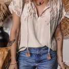 Jet Stream Geometric Embroidered Short Sleeve Tassel Tied V Neck Blouse