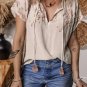 Jet Stream Geometric Embroidered Short Sleeve Tassel Tied V Neck Blouse