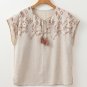 Jet Stream Geometric Embroidered Short Sleeve Tassel Tied V Neck Blouse