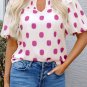 Rose Polka Dot Print Shirred Yoke Notched Neck Balloon Sleeve Blouse