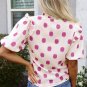 Rose Polka Dot Print Shirred Yoke Notched Neck Balloon Sleeve Blouse