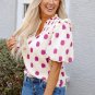 Rose Polka Dot Print Shirred Yoke Notched Neck Balloon Sleeve Blouse