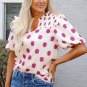 Rose Polka Dot Print Shirred Yoke Notched Neck Balloon Sleeve Blouse