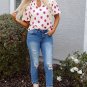 Rose Polka Dot Print Shirred Yoke Notched Neck Balloon Sleeve Blouse