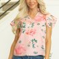 Pink Floral Print Frilled V Neck Pleated Sleeve Blouse