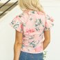 Pink Floral Print Frilled V Neck Pleated Sleeve Blouse