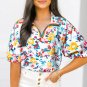 Peacock Blue Floral Print Slit V Neck Short Sleeve Blouse