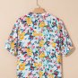Peacock Blue Floral Print Slit V Neck Short Sleeve Blouse