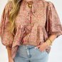 Light French Beige Floral Print Bow Pintuck Bust Half Puff Sleeve Blouse Top