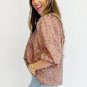 Light French Beige Floral Print Bow Pintuck Bust Half Puff Sleeve Blouse Top