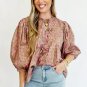 Light French Beige Floral Print Bow Pintuck Bust Half Puff Sleeve Blouse Top
