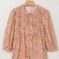 Light French Beige Floral Print Bow Pintuck Bust Half Puff Sleeve Blouse Top