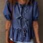 Sail Blue Tied Front Bubble Sleeve Peplum Denim Shirt