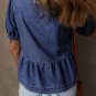 Sail Blue Tied Front Bubble Sleeve Peplum Denim Shirt