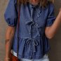 Sail Blue Tied Front Bubble Sleeve Peplum Denim Shirt