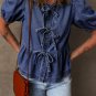 Sail Blue Tied Front Bubble Sleeve Peplum Denim Shirt