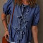 Sail Blue Tied Front Bubble Sleeve Peplum Denim Shirt