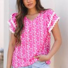 Pink Floral Print Ric-rac Tiered Ruffled V Neck Blouse