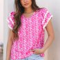Pink Floral Print Ric-rac Tiered Ruffled V Neck Blouse