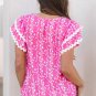 Pink Floral Print Ric-rac Tiered Ruffled V Neck Blouse
