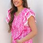Pink Floral Print Ric-rac Tiered Ruffled V Neck Blouse