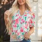 Pink Floral Print Striped Detail Split Neck Short Sleeve Blouse