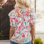 Pink Floral Print Striped Detail Split Neck Short Sleeve Blouse